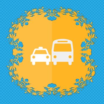 taxi. Floral flat design on a blue abstract background with place for your text. illustration
