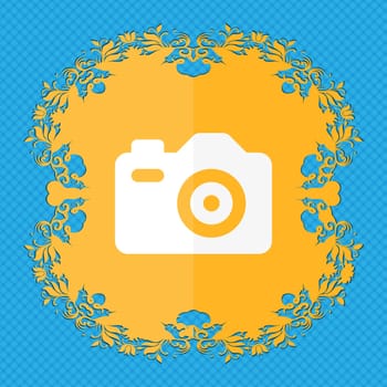 Photo Camera . Floral flat design on a blue abstract background with place for your text. illustration