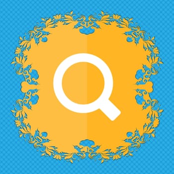 Magnifier glass . Floral flat design on a blue abstract background with place for your text. illustration