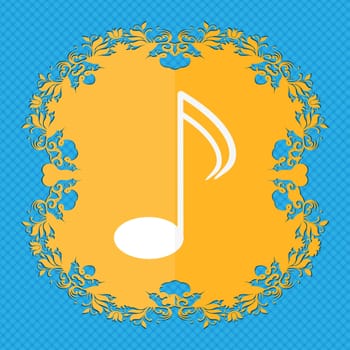 Music note sign icon. Musical symbol. Floral flat design on a blue abstract background with place for your text. illustration