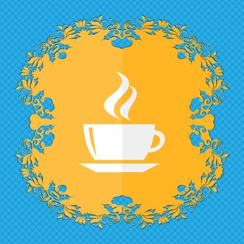 tea, coffee. Floral flat design on a blue abstract background with place for your text. illustration