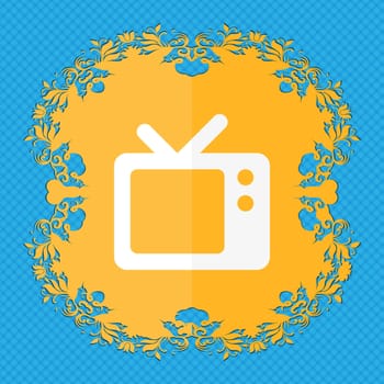 Retro TV . Floral flat design on a blue abstract background with place for your text. illustration