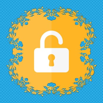 Open Padlock . Floral flat design on a blue abstract background with place for your text. illustration