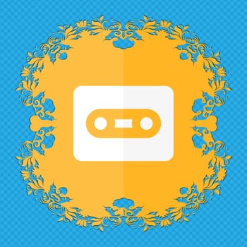 Cassette . Floral flat design on a blue abstract background with place for your text. illustration