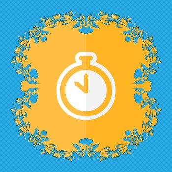 The stopwatch. Floral flat design on a blue abstract background with place for your text. illustration