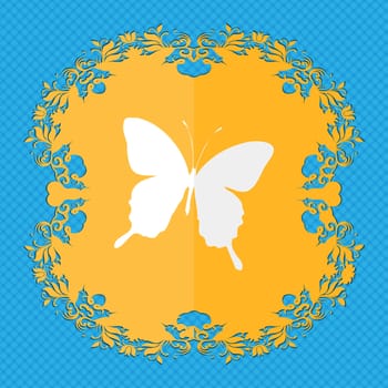 butterfly. Floral flat design on a blue abstract background with place for your text. illustration