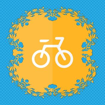Bicycle . Floral flat design on a blue abstract background with place for your text. illustration