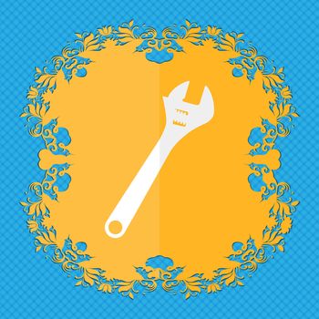 wrench. Floral flat design on a blue abstract background with place for your text. illustration