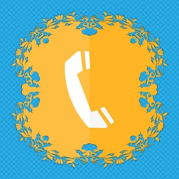 Phone sign icon. Support symbol. Call center. Floral flat design on a blue abstract background with place for your text. illustration