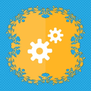 Cog settings, Cogwheel gear mechanism . Floral flat design on a blue abstract background with place for your text. illustration