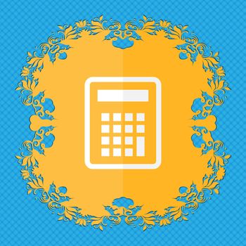 Calculator. Floral flat design on a blue abstract background with place for your text. illustration