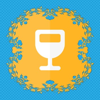 Wine glass, Alcohol drink . Floral flat design on a blue abstract background with place for your text. illustration