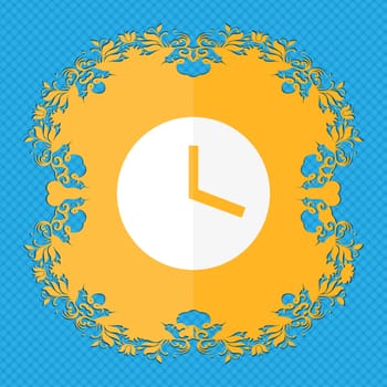 Mechanical Clock . Floral flat design on a blue abstract background with place for your text. illustration