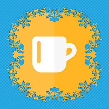 cup coffee or tea . Floral flat design on a blue abstract background with place for your text. illustration