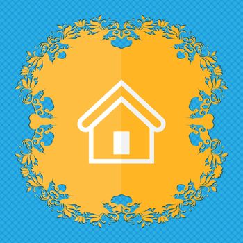 House. Floral flat design on a blue abstract background with place for your text. illustration
