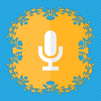 microphone. Floral flat design on a blue abstract background with place for your text. illustration