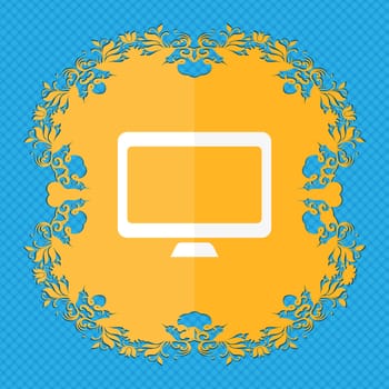 Computer widescreen monitor . Floral flat design on a blue abstract background with place for your text. illustration