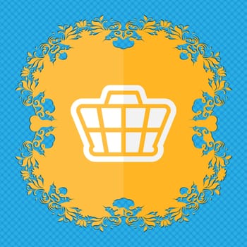 Shopping Cart. Floral flat design on a blue abstract background with place for your text. illustration