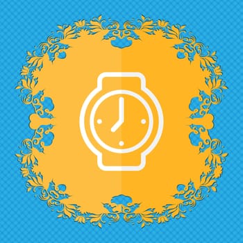 watches. Floral flat design on a blue abstract background with place for your text. illustration