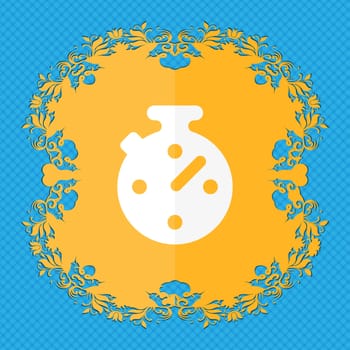 Timer, stopwatch . Floral flat design on a blue abstract background with place for your text. illustration