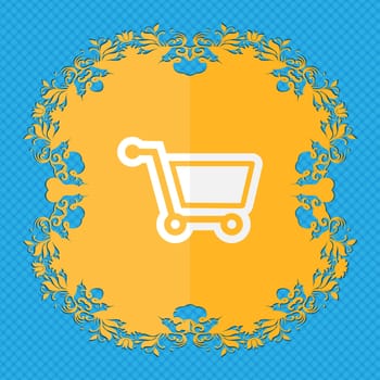 shopping cart. Floral flat design on a blue abstract background with place for your text. illustration
