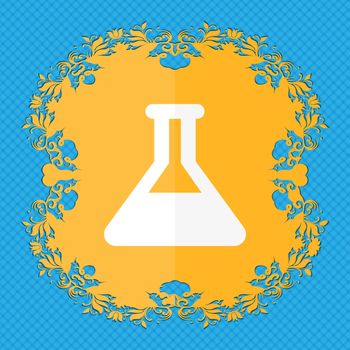 Conical Flask . Floral flat design on a blue abstract background with place for your text. illustration