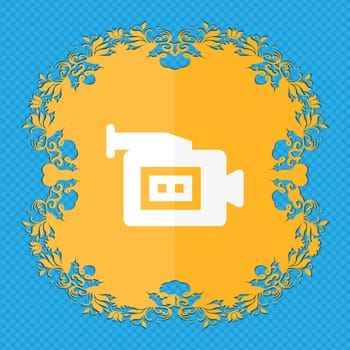 video camera . Floral flat design on a blue abstract background with place for your text. illustration