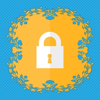 closed lock. Floral flat design on a blue abstract background with place for your text. illustration