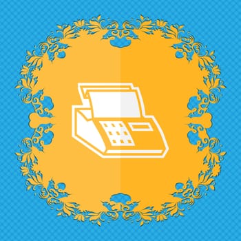 Cash register machine. Floral flat design on a blue abstract background with place for your text. illustration