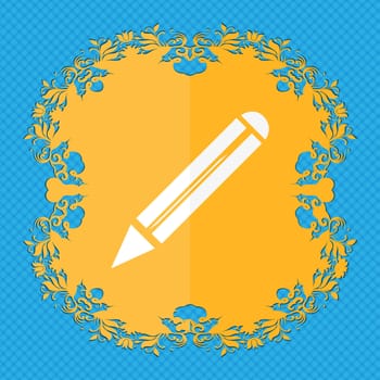Pencil sign icon. Edit content button. Floral flat design on a blue abstract background with place for your text. illustration