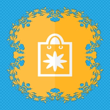 shopping bag. Floral flat design on a blue abstract background with place for your text. illustration