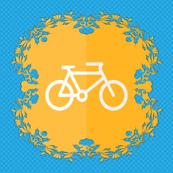bike. Floral flat design on a blue abstract background with place for your text. illustration