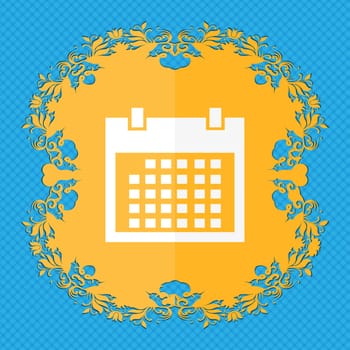 Calendar sign icon. days month symbol. Date button. Floral flat design on a blue abstract background with place for your text. illustration