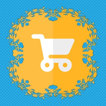 shopping basket. Floral flat design on a blue abstract background with place for your text. illustration