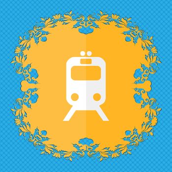 train. Floral flat design on a blue abstract background with place for your text. illustration