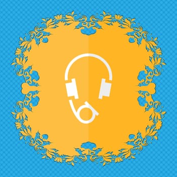 headsets. Floral flat design on a blue abstract background with place for your text. illustration