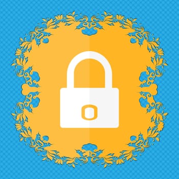 Lock sign icon. Locker symbol. Floral flat design on a blue abstract background with place for your text. illustration