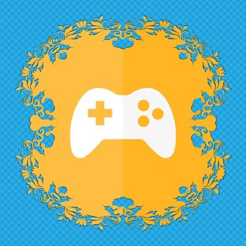 Joystick sign icon. Video game symbol. Floral flat design on a blue abstract background with place for your text. illustration