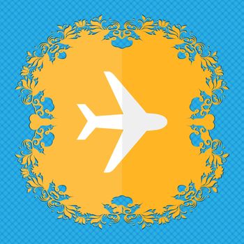 Plane. Floral flat design on a blue abstract background with place for your text. illustration