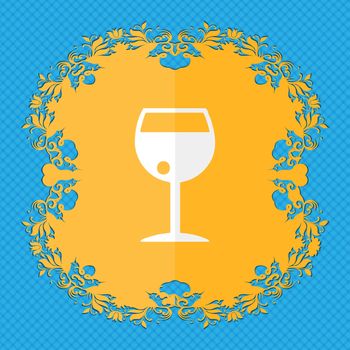 glass of wine. Floral flat design on a blue abstract background with place for your text. illustration