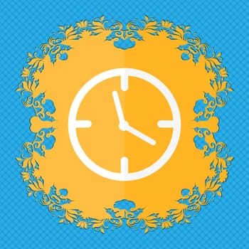 Clock time sign icon. Mechanical watch symbol. Floral flat design on a blue abstract background with place for your text. illustration