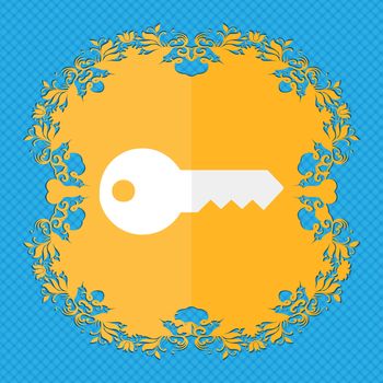 key. Floral flat design on a blue abstract background with place for your text. illustration