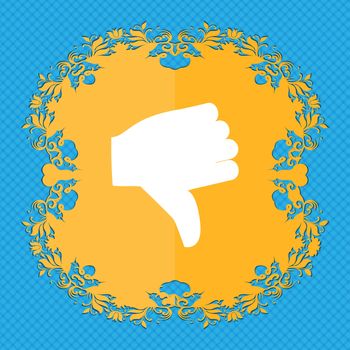 Dislike, Thumb down . Floral flat design on a blue abstract background with place for your text. illustration