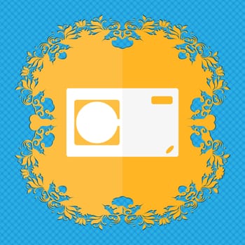 Photo camera sign icon. Digital symbol. Floral flat design on a blue abstract background with place for your text. illustration