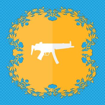 machine gun. Floral flat design on a blue abstract background with place for your text. illustration