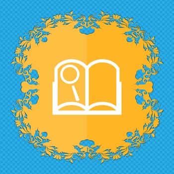 Book sign icon. Open book symbol. Floral flat design on a blue abstract background with place for your text. illustration