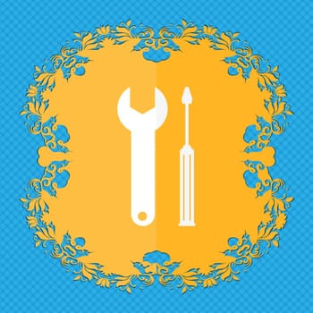 Repair tool sign icon. Service symbol. screwdriver with wrench. Floral flat design on a blue abstract background with place for your text. illustration