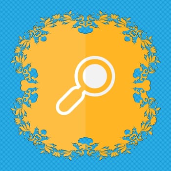 magnifying glass, zoom. Floral flat design on a blue abstract background with place for your text. illustration