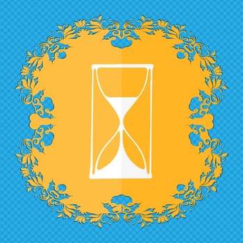 Hourglass sign icon. Sand timer symbol. Floral flat design on a blue abstract background with place for your text. illustration