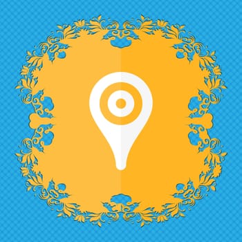 Map pointer, GPS location . Floral flat design on a blue abstract background with place for your text. illustration